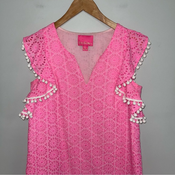 Lilly Pulitzer Dress Women’s Size Small Neon Pink White Pompom Eyelet Astara - Picture 4 of 12